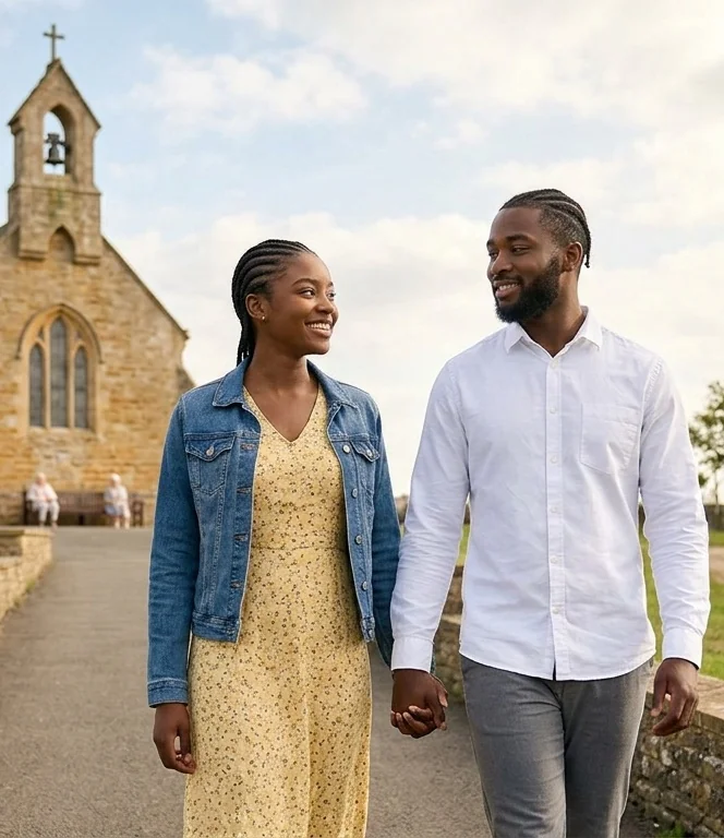 A casually dressed young African woman and man sitting together in friendship
